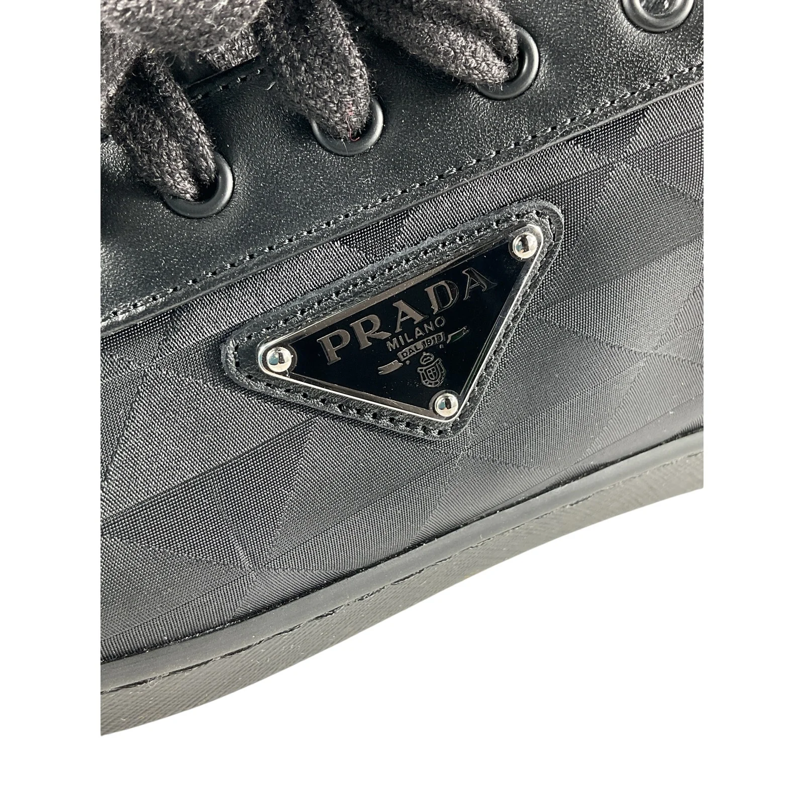 Prada Black Leather And Re-Nylon Sneakers Size 12.5 - Image 6