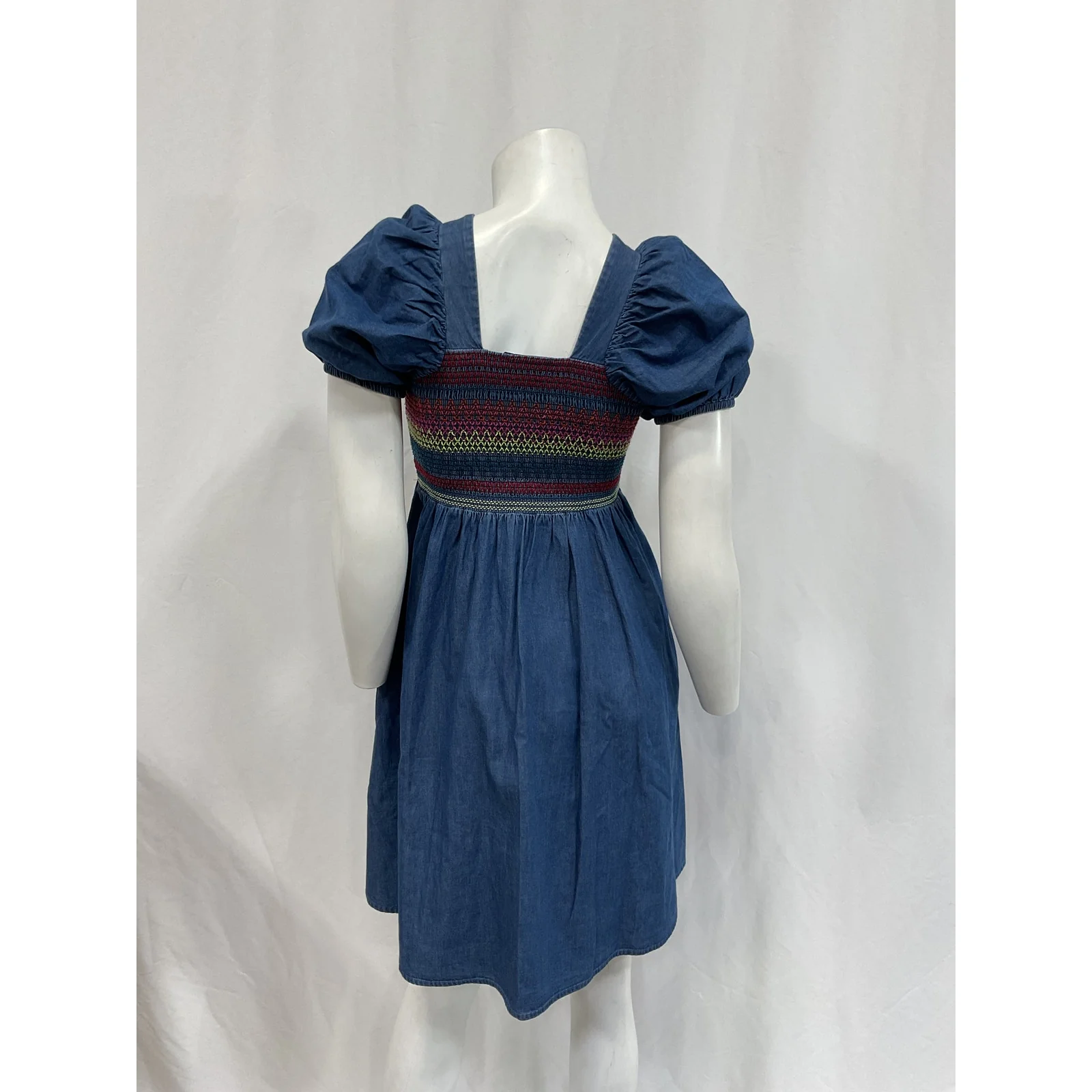 Stella Mccartney Puff-Sleeved Blue Cotton Ruched Chambray Dress Size 8 - Image 3
