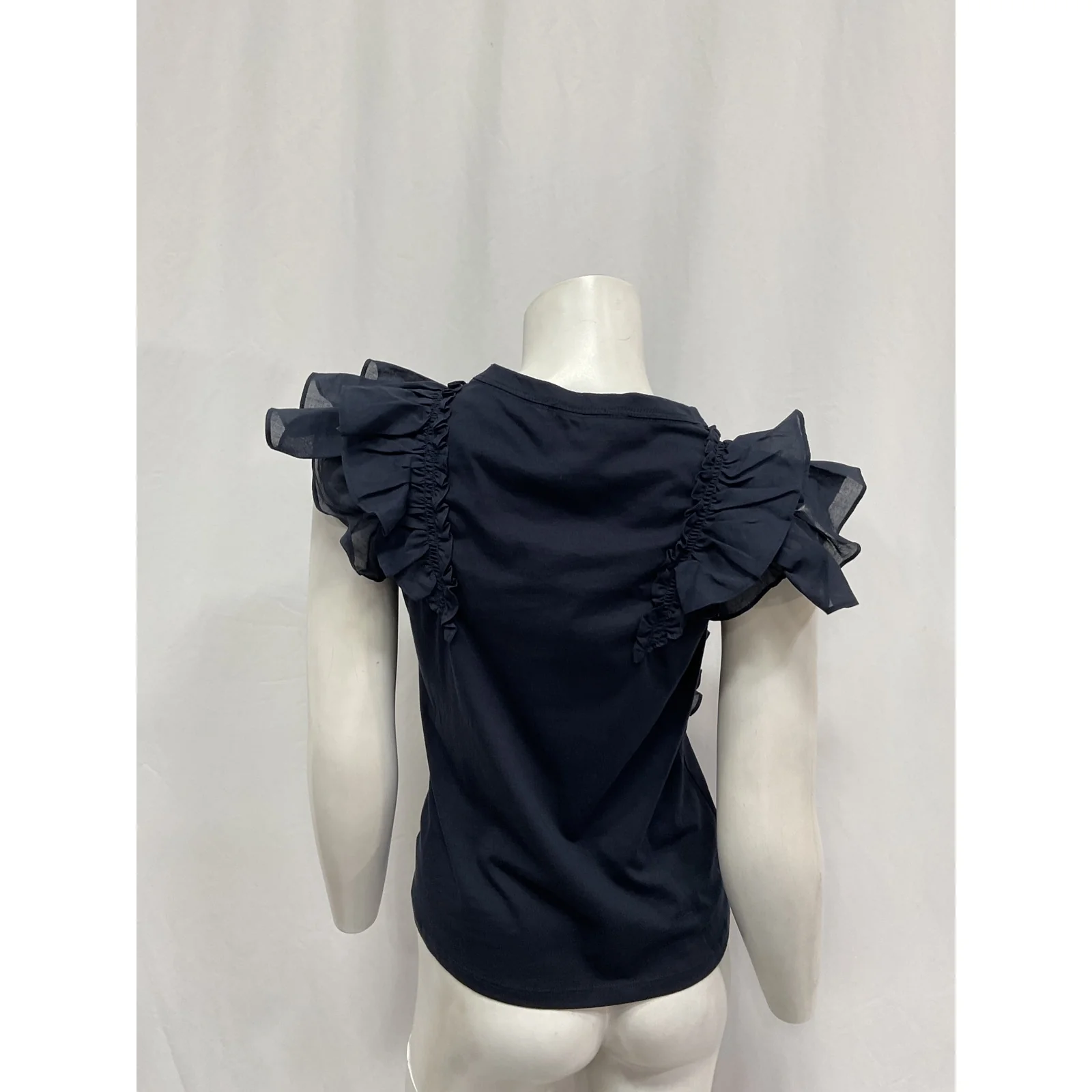 Veronica Beard Denim Jean Blue Cotton Bardot Ruffle Tee Size XS - Image 3